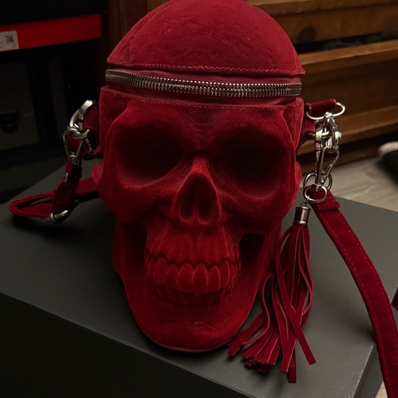 Killstar Handbags - Killstar Red Skull Crossbody Bag Gothic Velvet Purse Tassel Strap EUC